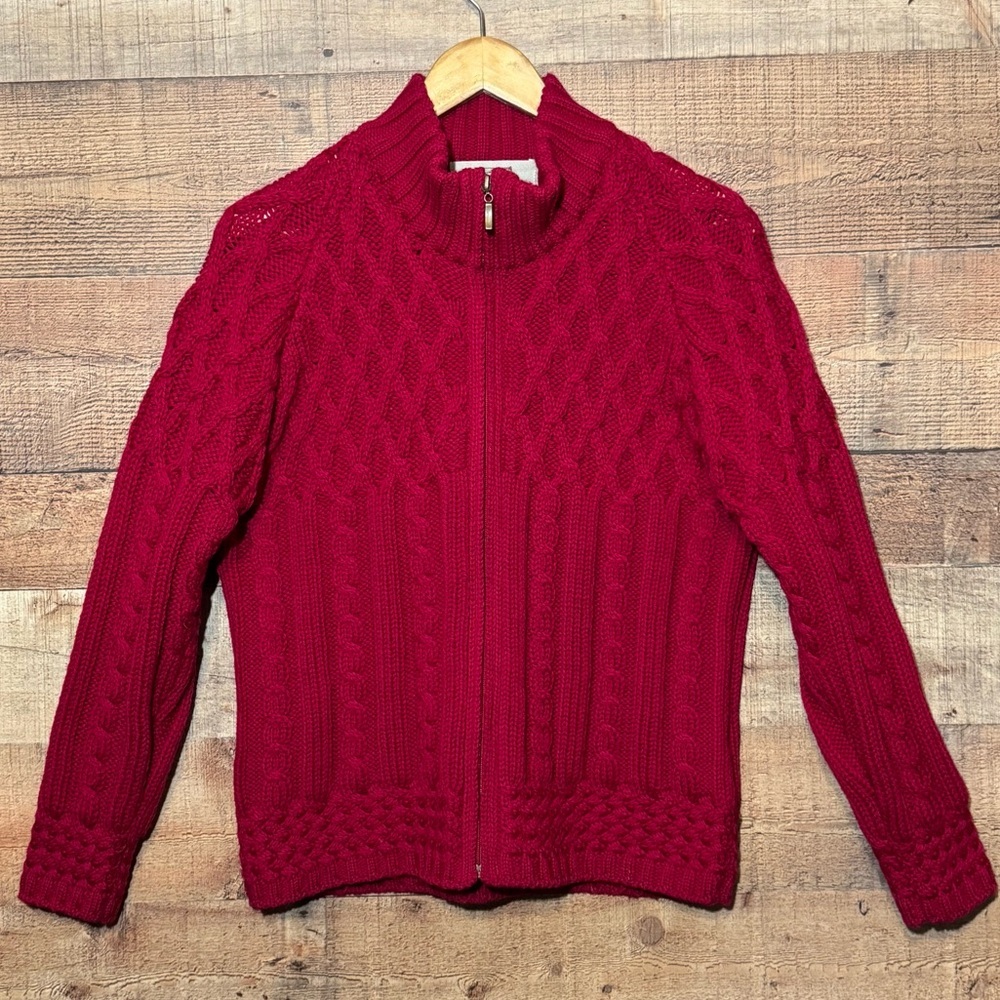 Aran Sweater Market Merino Wool Full Zip Cable Knit Fisherman Cardigan Sweater M